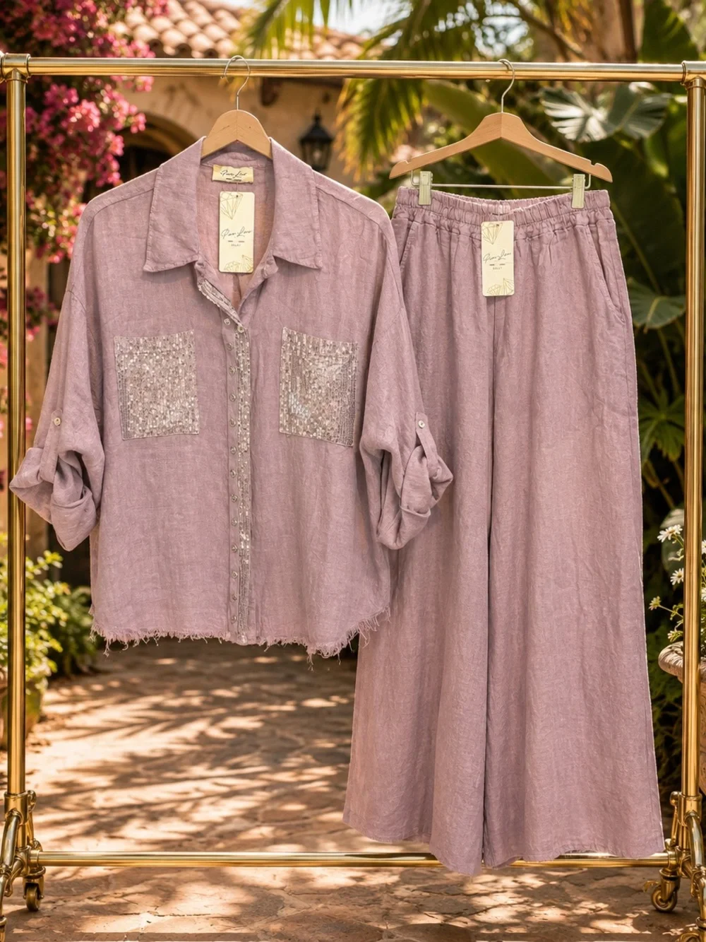 Italian Linen Wide-Leg Pants & Button Shirt Set - Dusty Mauve